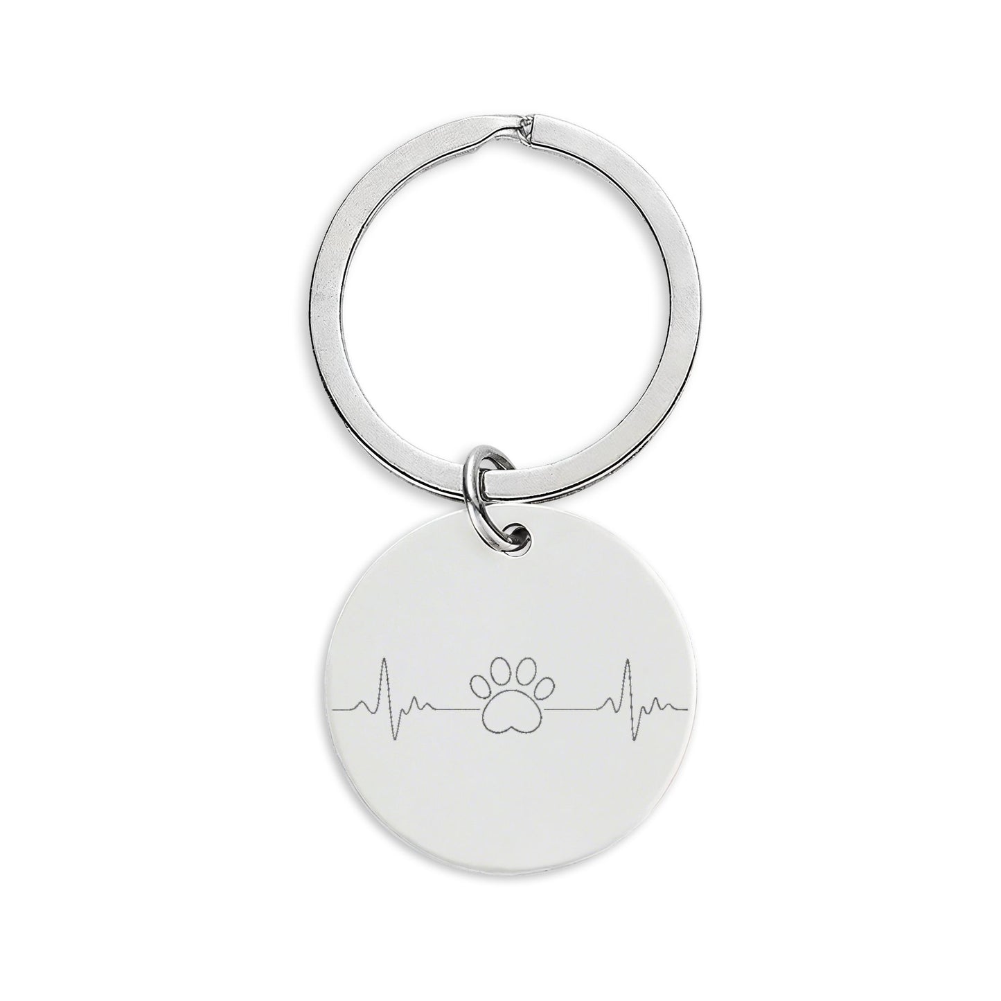 Engraved Stainless Steel Round Keychain — Heartbeat Paw Print Design