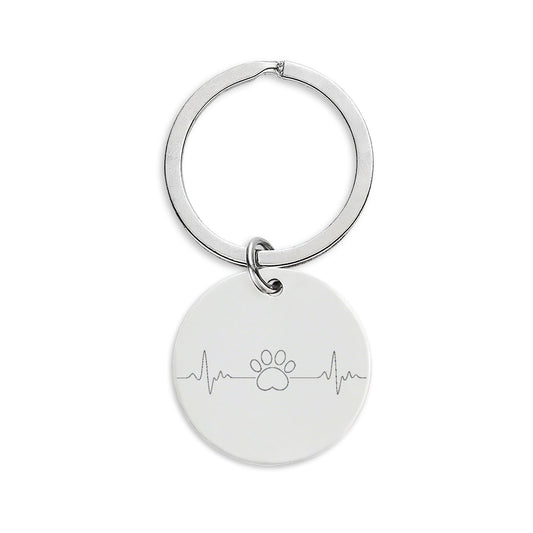 Engraved Stainless Steel Round Keychain — Heartbeat Paw Print Design